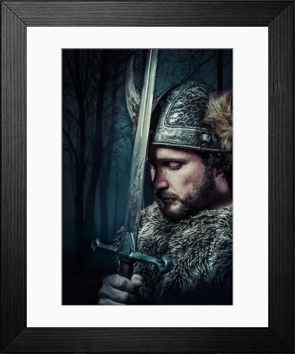 Framed Print : Peace, Viking warrior, male dressed in Barbarian style with sword, bearded Framed Print : Peace, Viking warrior, male dressed in Barbarian style with sword, bearded