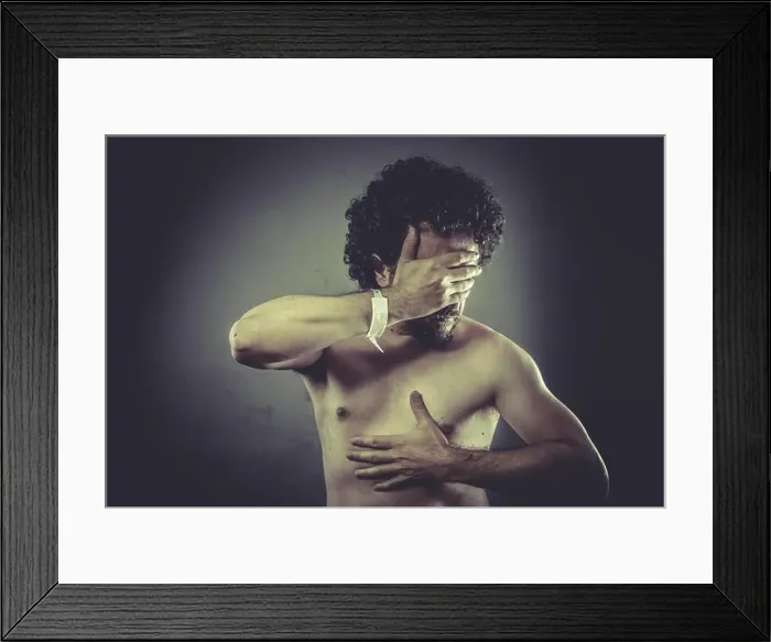 Framed Print : Concept caring, Nude Man with hospital bracelet Framed Print : Concept caring, Nude Man with hospital bracelet