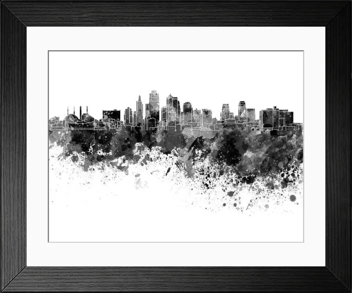 Framed Print : Kansas City skyline in black watercolor