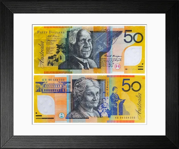 Framed Print : 50 dollars banknote, David Unaipon and Edith Cowan, Australia Framed Print : 50 dollars banknote, David Unaipon and Edith Cowan, Australia