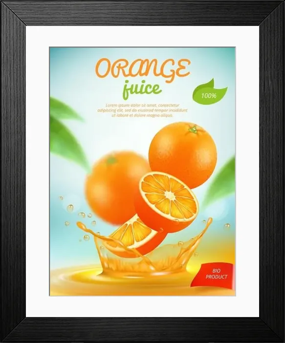 Framed Print : Juice placard. Advertizing banner with orange fresh fruit slice in liquid splashes vector template