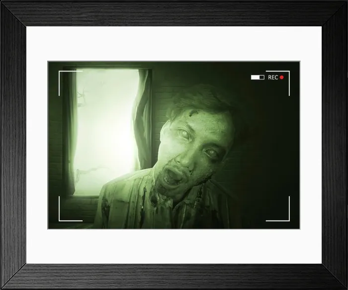 Framed Print : Portrait of scary asian zombie man with wounded face on video camera screen Framed Print : Portrait of scary asian zombie man with wounded face on video camera screen
