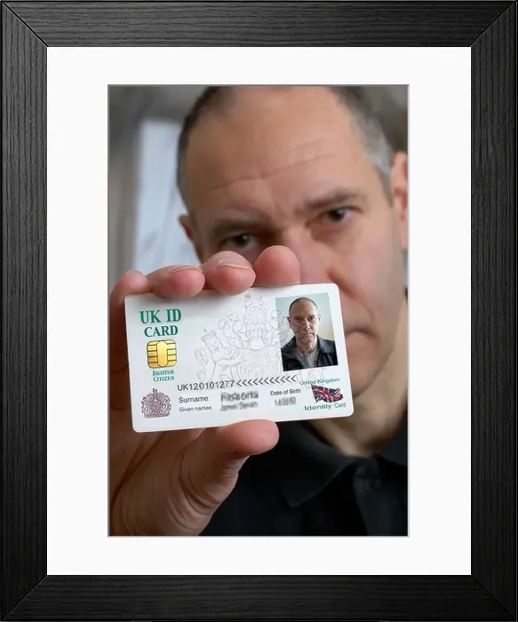 Framed Print : Man holding United Kingdom Identity card Mock up