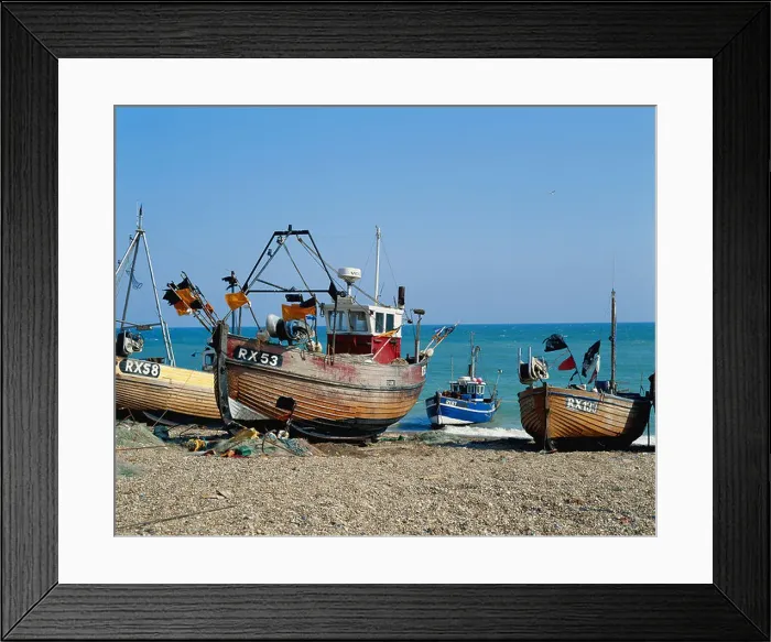 Framed Print : Fishing boats on Hastings Stade beach, East Sussex, England, UK, GB Framed Print : Fishing boats on Hastings Stade beach, East Sussex, England, UK, GB