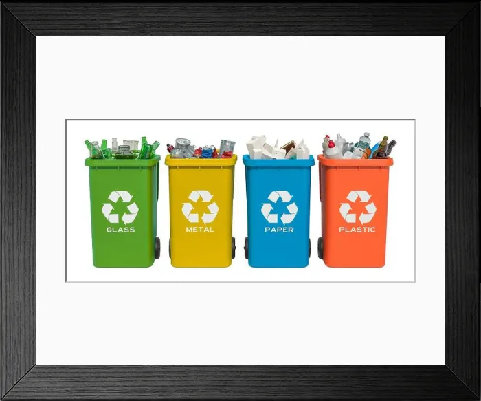Framed Print : Set of recycling trash cans with glass, paper, metallic and plastic waste, 3D rendering isolated on white background Framed Print : Set of recycling trash cans with glass, paper, metallic and plastic waste, 3D rendering isolated on white background