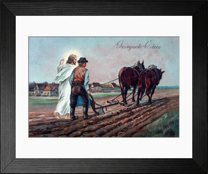 Framed Print : Blessed or Happy Easter, Jesus walking next to a farmer who is plowing a field, historical postcard, circa 1900, kitsch