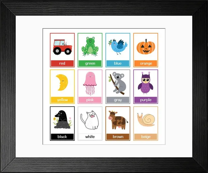 Framed Print : Color flashcards set with cute animals. Color names and pictures collection for preschool Framed Print : Color flashcards set with cute animals. Color names and pictures collection for preschool