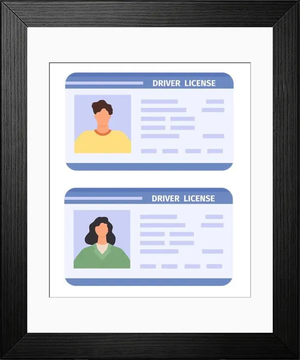 Framed Print : Drivers id card. Woman and man driving licences with photo Framed Print : Drivers id card. Woman and man driving licences with photo