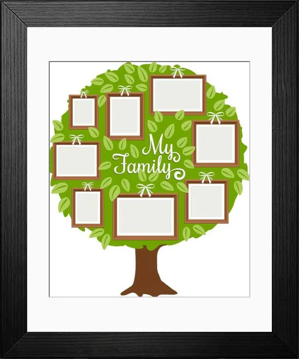Framed Print : Green family tree with frames for pictures. My family card template, vector illustration Framed Print : Green family tree with frames for pictures. My family card template, vector illustration