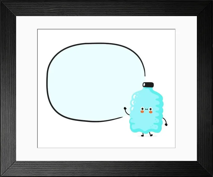 Framed Print : Cute funny happy smile plastic bottle character with text box Framed Print : Cute funny happy smile plastic bottle character with text box