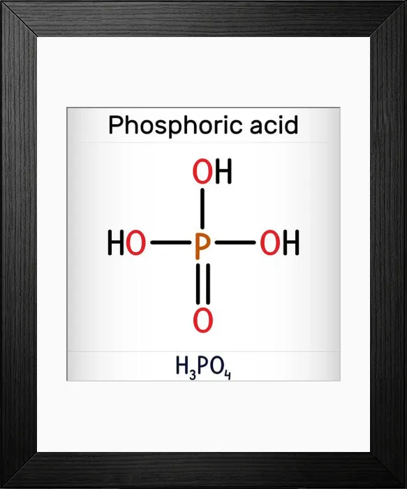 Framed Print : Phosphoric acid, orthophosphoric acid, H2PO4 molecule. It is a mineral weak acid, E338. Structural chemical formula Framed Print : Phosphoric acid, orthophosphoric acid, H2PO4 molecule. It is a mineral weak acid, E338. Structural chemical formula