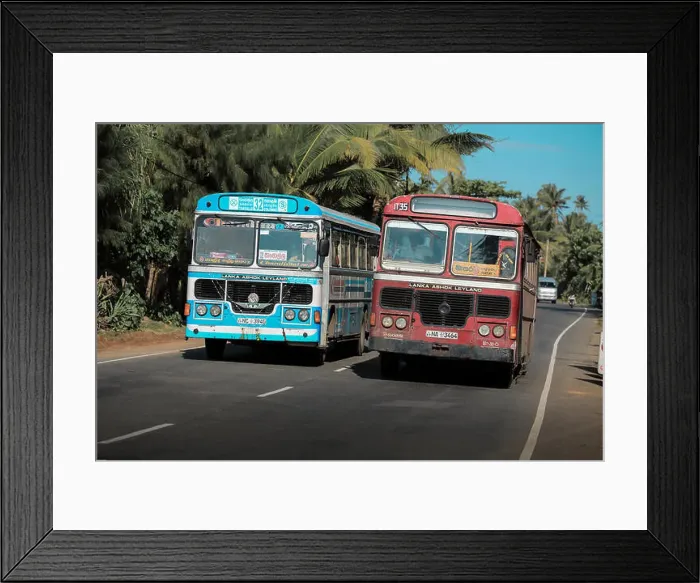 Framed Print : Public buses hazardous overtaking on main road near Unawatuna, Sri Lanka Framed Print : Public buses hazardous overtaking on main road near Unawatuna, Sri Lanka