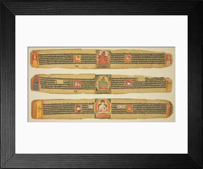Framed Print : Three Leaves from a Copy of the Perfection of Wisdom Sutra (Ashtasahasrika Prajnaparamitasutra) Framed Print : Three Leaves from a Copy of the Perfection of Wisdom Sutra (Ashtasahasrika Prajnaparamitasutra)