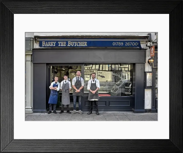 Framed Print : Butchers UK, shop and staff, Stratford upon Avon, England Framed Print : Butchers UK, shop and staff, Stratford upon Avon, England