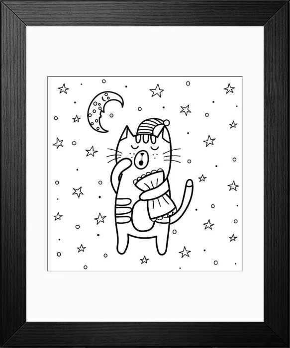 Framed Print : Sleeping cat coloring page. Good night coloring book with moon and stars Framed Print : Sleeping cat coloring page. Good night coloring book with moon and stars