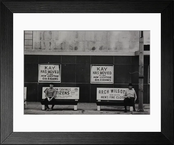 Framed Print : Fine black and white art photography from the 1970s of men waiting for a bus on benches Framed Print : Fine black and white art photography from the 1970s of men waiting for a bus on benches
