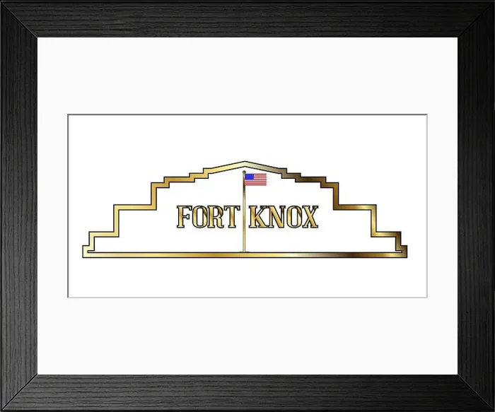 Framed Print : Depiction of Fork Knox in golden outline and isolated on white Framed Print : Depiction of Fork Knox in golden outline and isolated on white