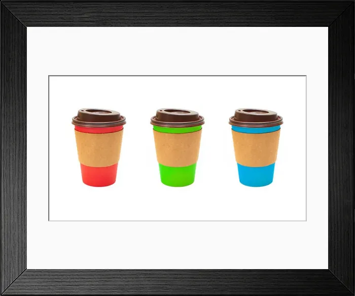 Framed Print : Set of different colored and blank Cardboard Coffee Cups isolated on a white background Framed Print : Set of different colored and blank Cardboard Coffee Cups isolated on a white background