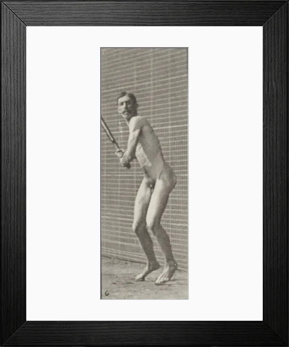 Framed Print : Nude man playing cricket, batting and drive (rbm-QP301M8-18 Framed Print : Nude man playing cricket, batting and drive (rbm-QP301M8-18