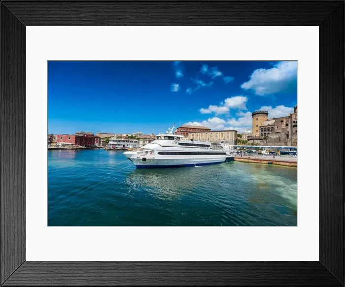 Framed Print : Big white catamaran for passenger transportation docked at the Port of Naples Framed Print : Big white catamaran for passenger transportation docked at the Port of Naples