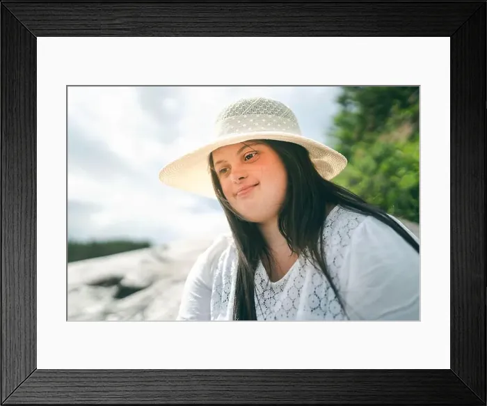 Framed Print : Portrait of trisomy adult outside having fun Framed Print : Portrait of trisomy adult outside having fun
