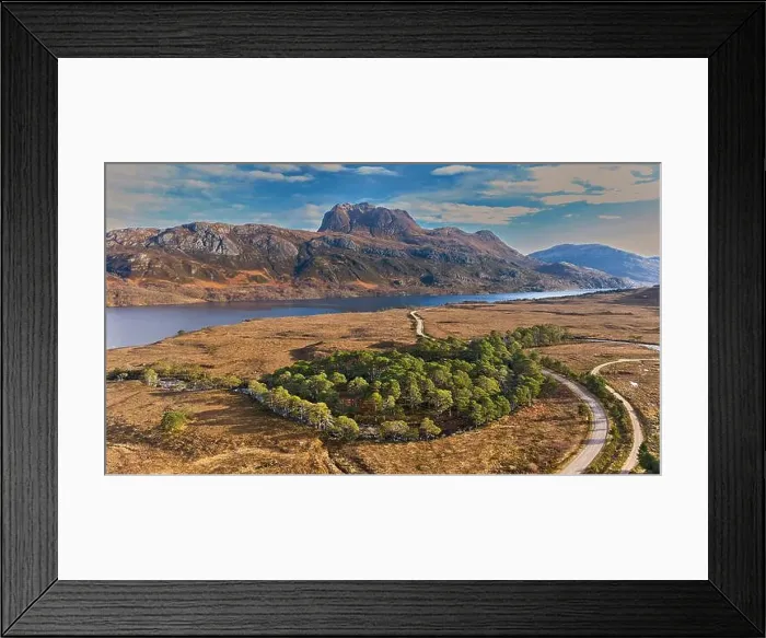 Framed Print : Loch Maree Wester Ross Scotland view over Scots Pine trees and the River Grudie to the mountains and Slioch Framed Print : Loch Maree Wester Ross Scotland view over Scots Pine trees and the River Grudie to the mountains and Slioch