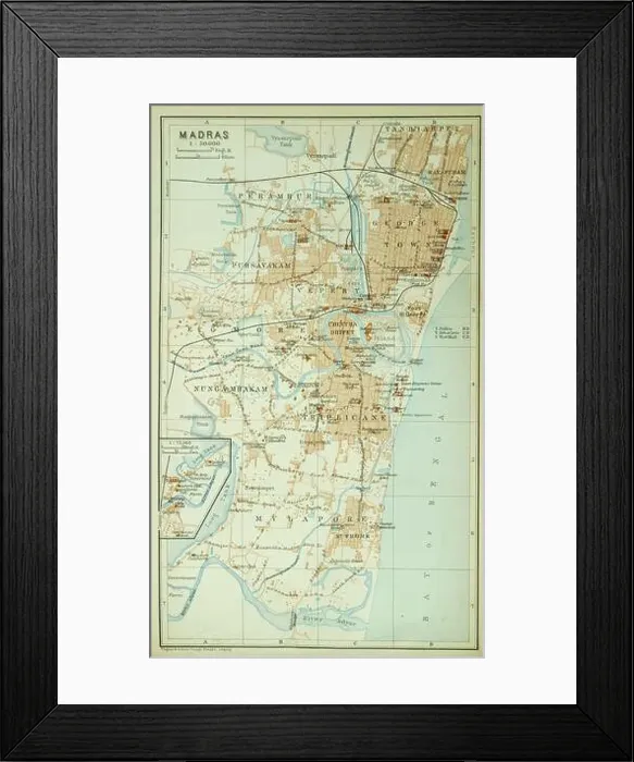 Framed Print : Map of the city of Madras, modern Chennai, ca 1914 Framed Print : Map of the city of Madras, modern Chennai, ca 1914