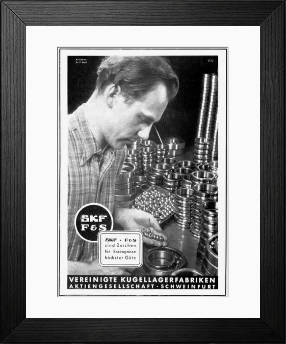 Framed Print : advertising, ball bearing, SKF and F&S, Vereinigte Kugellagerfabriken, Schweinfurt, advert, Germany, 1942 Framed Print : advertising, ball bearing, SKF and F&S, Vereinigte Kugellagerfabriken, Schweinfurt, advert, Germany, 1942