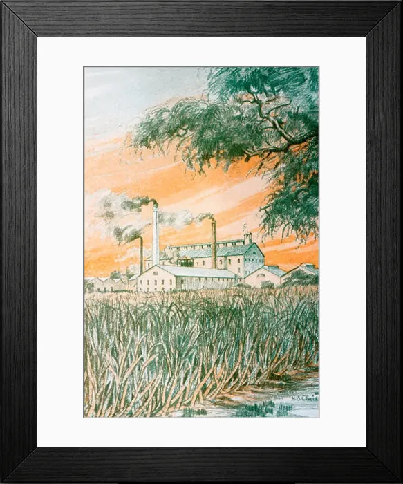 Framed Print : C.1926, H.B. Christian Art, Hawaii, Duatone Illustration Of Sugarcane Field And Refinery Framed Print : C.1926, H.B. Christian Art, Hawaii, Duatone Illustration Of Sugarcane Field And Refinery