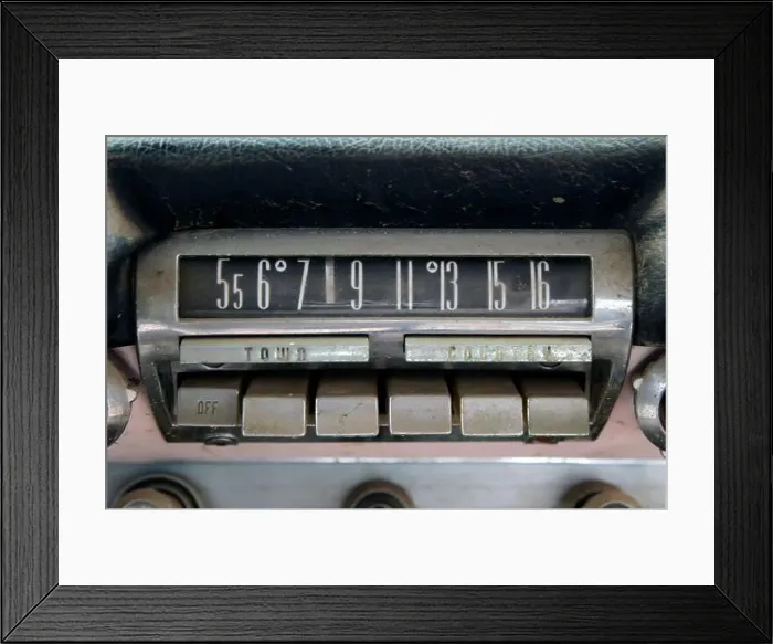 Framed Print : A vintage old AM push button car radio dial in chrome mounted in a dashboard Framed Print : A vintage old AM push button car radio dial in chrome mounted in a dashboard