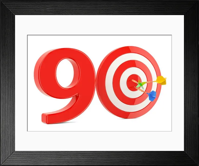 Framed Print : Target 90, success and achievement concept. 3D rendering isolated on white background Framed Print : Target 90, success and achievement concept. 3D rendering isolated on white background