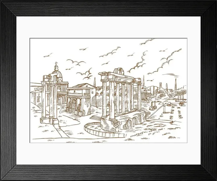 Framed Print : Remains of temples in Foro Romano, Rome, Italy hand draw Framed Print : Remains of temples in Foro Romano, Rome, Italy hand draw