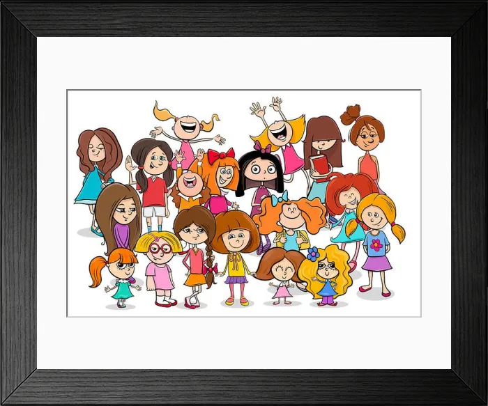 Framed Print : kid or teen cartoon girls characters group Framed Print : kid or teen cartoon girls characters group