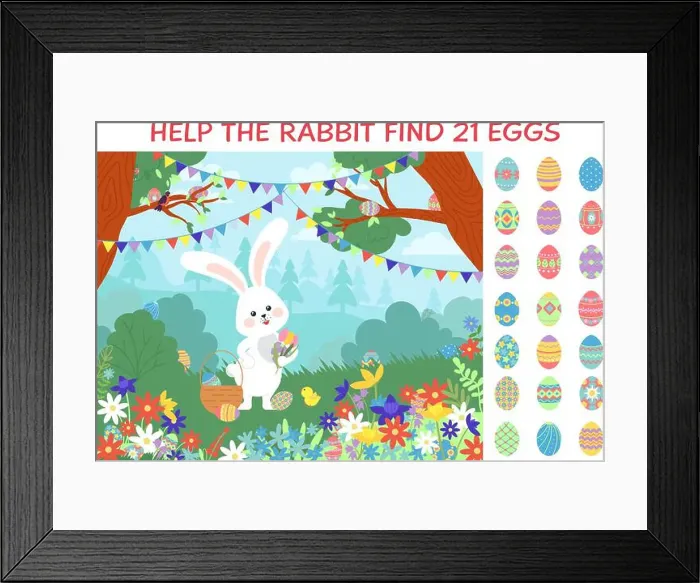 Framed Print : Eggs hunt. Easter puzzle game location with bunny and egg in garden or forest Framed Print : Eggs hunt. Easter puzzle game location with bunny and egg in garden or forest