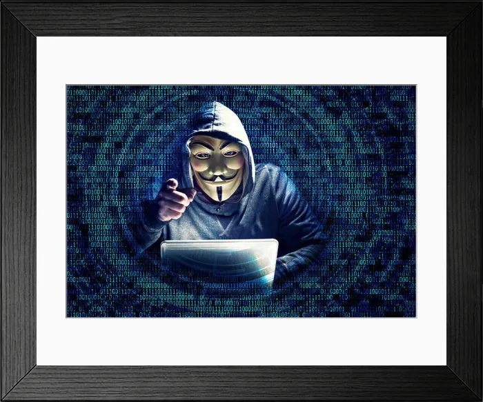 Framed Print : portrait of hacker with mask and binary code background Framed Print : portrait of hacker with mask and binary code background