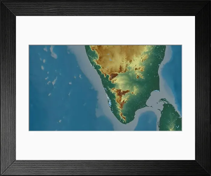 Framed Print : Kerala, state of India. Colored relief with lakes and rivers. Shape outlined against its country area. 3D rendering Framed Print : Kerala, state of India. Colored relief with lakes and rivers. Shape outlined against its country area. 3D rendering