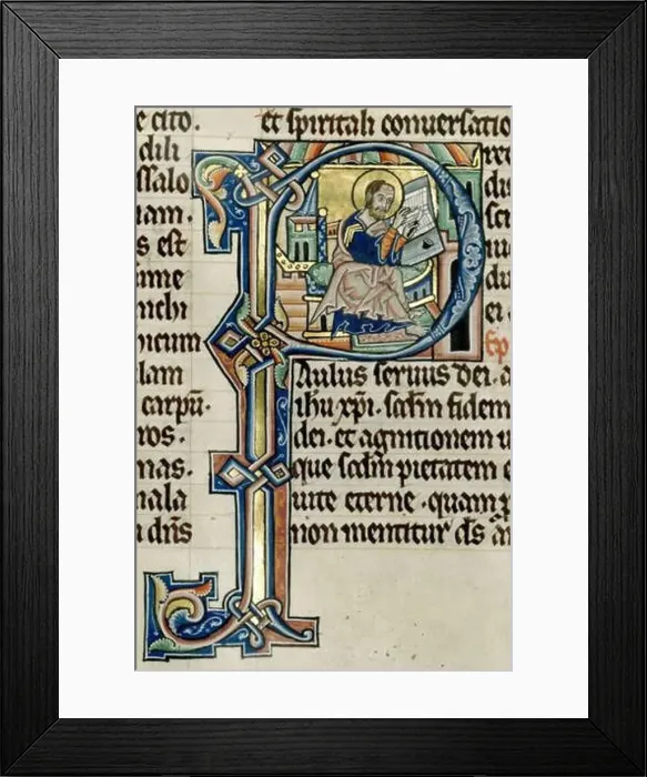 Framed Print : Français : Lettrines P représentant un copiste écrivant sur un parchemin à l'aide d'une plume d'un encrier et d'un Framed Print : Français : Lettrines P représentant un copiste écrivant sur un parchemin à l'aide d'une plume d'un encrier et d'un