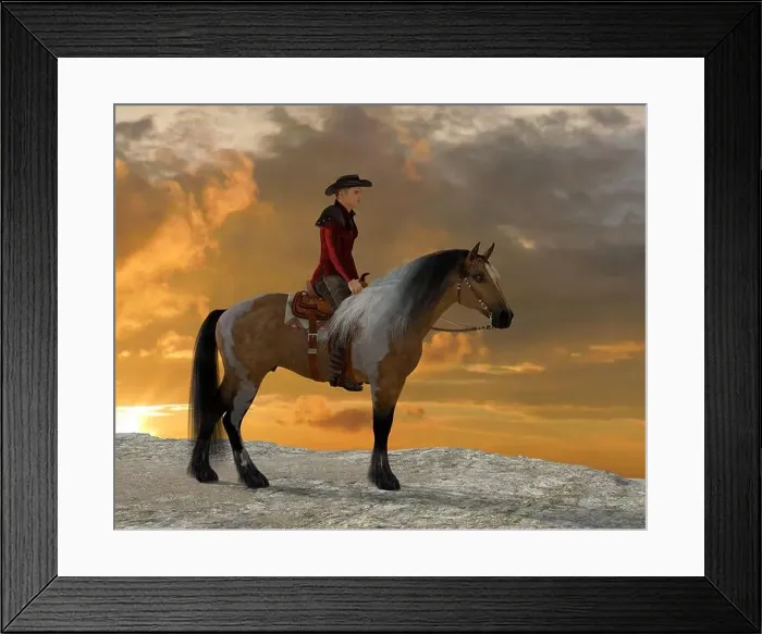 Framed Print : Cowboy Ethan - A cowboy and his Quarter horse stand on a cliff resting Framed Print : Cowboy Ethan - A cowboy and his Quarter horse stand on a cliff resting