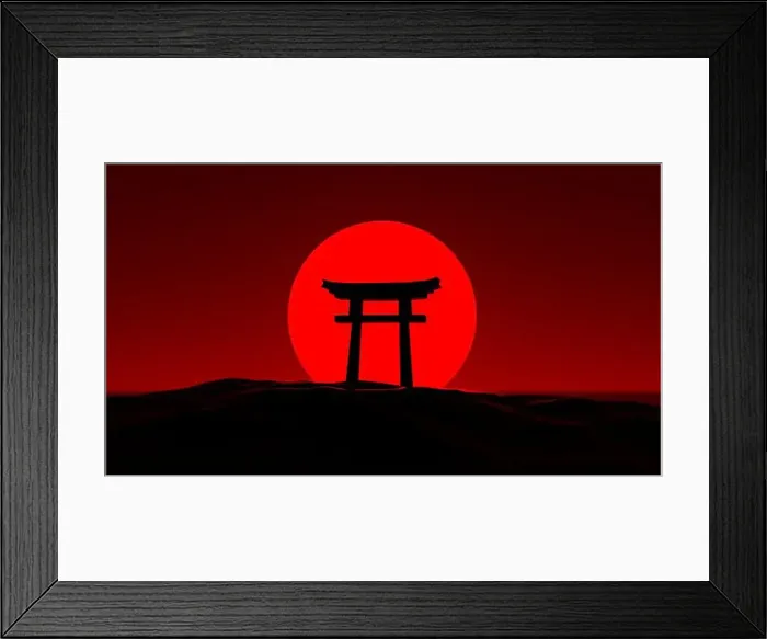 Framed Print : An illustration of a Japanese structure with a red moon in the background Framed Print : An illustration of a Japanese structure with a red moon in the background