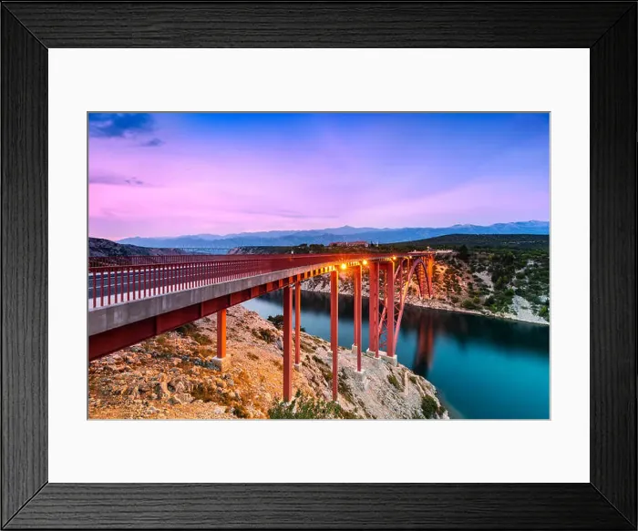 Framed Print : Colorful evening view of Maslenica bridge In Dalmatia, Croatia. Wide angle, long exposure and color grad filters used Framed Print : Colorful evening view of Maslenica bridge In Dalmatia, Croatia. Wide angle, long exposure and color grad filters used