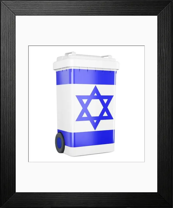 Framed Print : Waste container with Israeli flag, 3D rendering isolated on white background Framed Print : Waste container with Israeli flag, 3D rendering isolated on white background