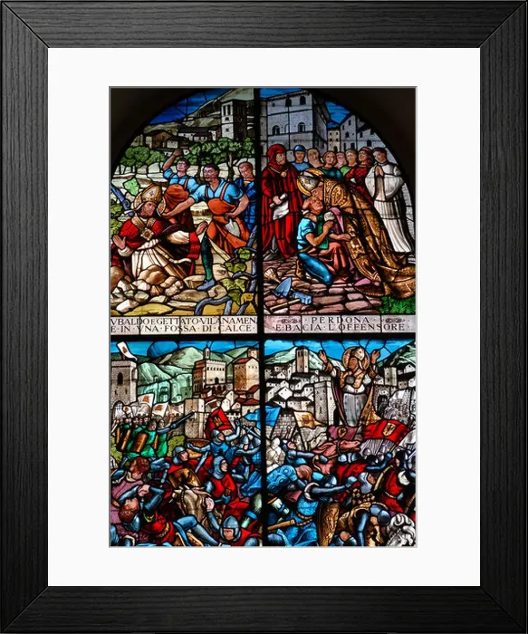 Framed Print : Gubbio Umbria Italy Stained glass window in the Basilica of Sant Ubaldo depicting events in the life of Sant Ubaldo Framed Print : Gubbio Umbria Italy Stained glass window in the Basilica of Sant Ubaldo depicting events in the life of Sant Ubaldo