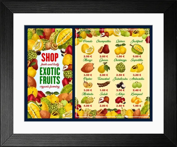 Framed Print : Exotic fruit shop menu with tropical berries vector frame Framed Print : Exotic fruit shop menu with tropical berries vector frame