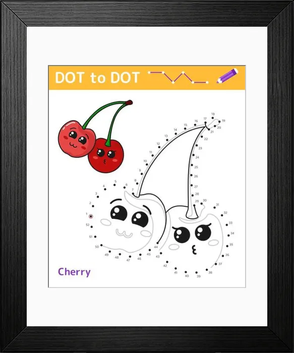 Framed Print : Numbers game Dot to dot. Game for kids. Cherry Framed Print : Numbers game Dot to dot. Game for kids. Cherry
