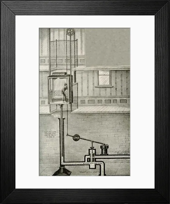 Framed Print : What a Pipe of Water Can Do. When the conductor in a hydraulic elevator wants the cage to go down Framed Print : What a Pipe of Water Can Do. When the conductor in a hydraulic elevator wants the cage to go down