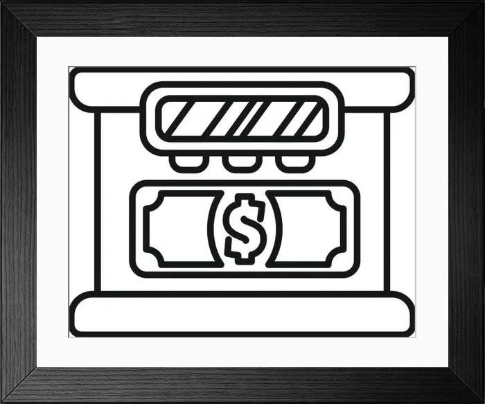 Framed Print : Line art style icon of an atm cash machine accepting a money bill Framed Print : Line art style icon of an atm cash machine accepting a money bill