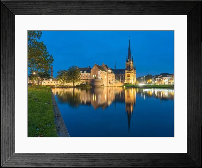 Framed Print : Dutch city of Woerden, view of the St. Bonaventura church and castle of Woerden during blue hour Framed Print : Dutch city of Woerden, view of the St. Bonaventura church and castle of Woerden during blue hour