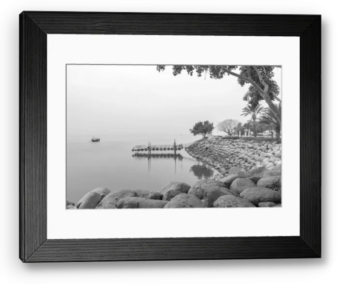 Framed Print : View of the eastern shore of the Sea of Galilee, in Ein Gev, on a foggy day, Northern Israel Framed Print : View of the eastern shore of the Sea of Galilee, in Ein Gev, on a foggy day, Northern Israel
