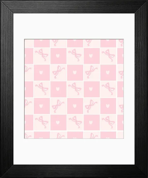 Framed Print : Cute coquette seamless pattern pink ribbon bow and hearts on delicate pink checkered background Framed Print : Cute coquette seamless pattern pink ribbon bow and hearts on delicate pink checkered background