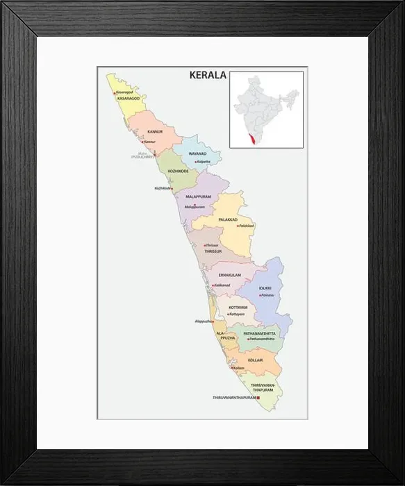 Framed Print : administrative and political map of indian state of kerala, india Framed Print : administrative and political map of indian state of kerala, india